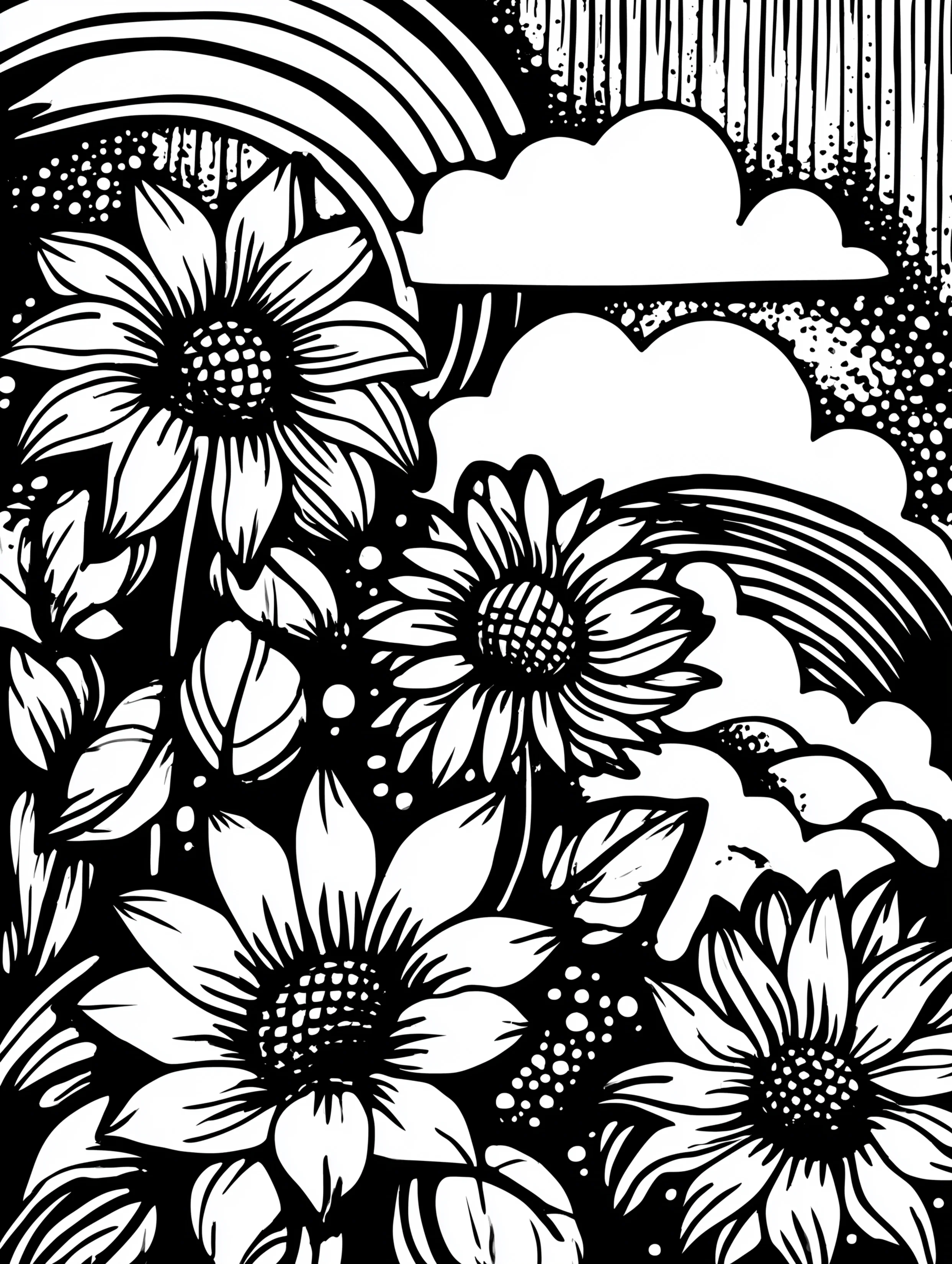 Free printable summer coloring page for adults featuring rainbows and sunflowers